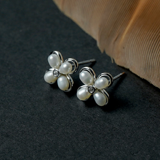 Four Pearl Studs Silver Earrings