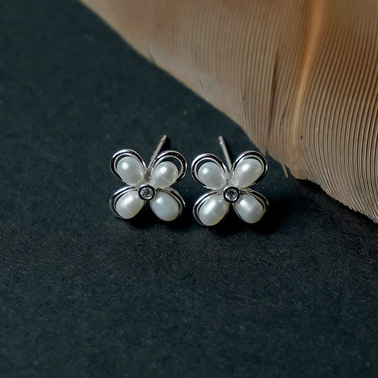 Four Pearl Studs Silver Earrings