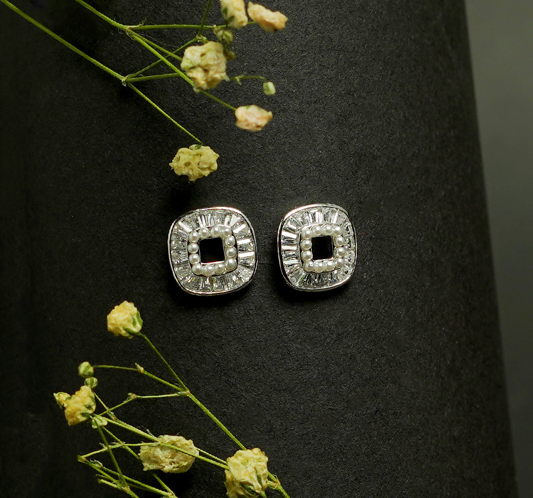 Micro Pearl Square Stones Silver Earrings