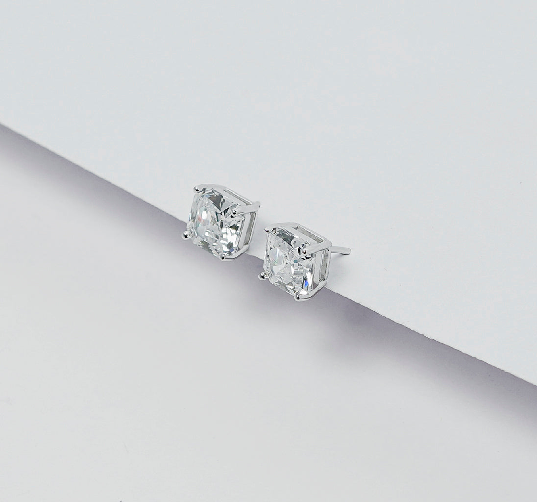 The Square Solitaire Silver Earrings