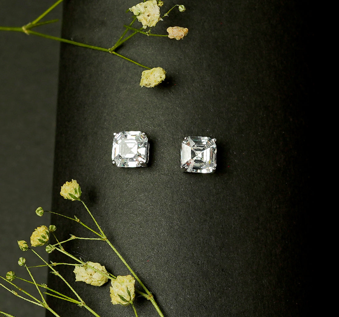 The Square Solitaire Silver Earrings