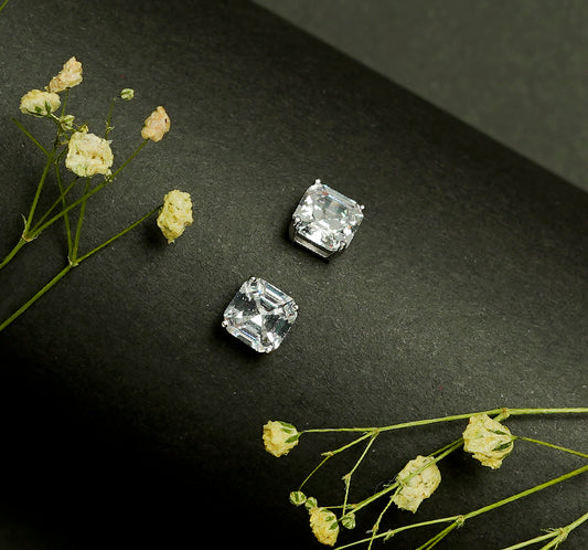 The Square Solitaire Silver Earrings